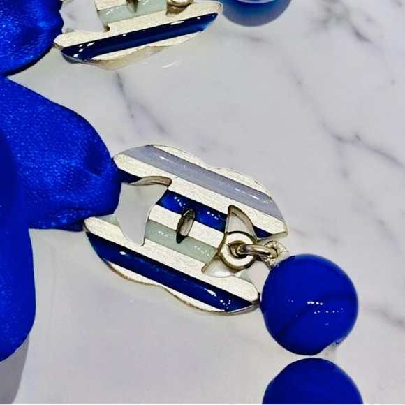Chanel Spotted Glass Bead Long Silk Ribbon Blue Necklace - Picture 5 of 8